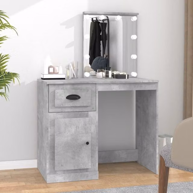 Berkfield Home Modern Dressing Table with Hollywood LED Mirror in Concrete Grey, W/D/H: 90 x 50 x 132.5 cm