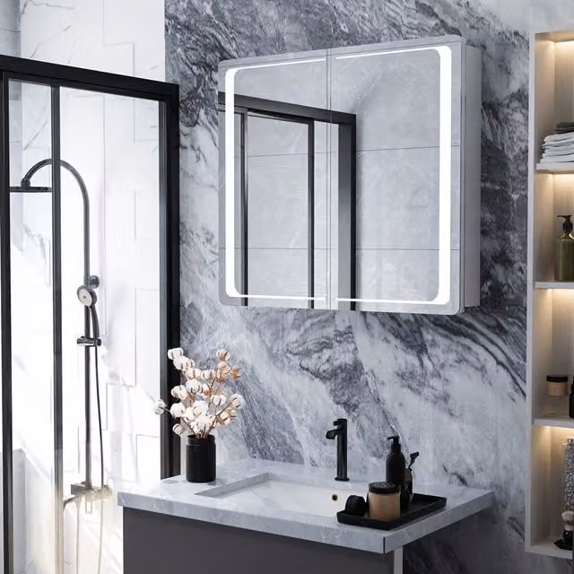 Livingandhome White LED Bathroom Mirror Cabinet with Shaver Socket and Anti-Fog Feature