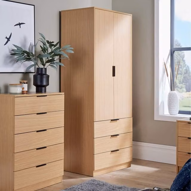 Home Source Phoenix Oak Effect 2 Door 3 Drawer Wardrobe Storage Unit