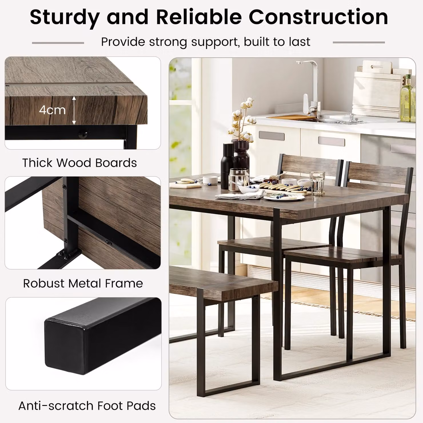 Costway 4-Piece Grey Wooden Rectangular Dining Table Set for 4 Adults – 6