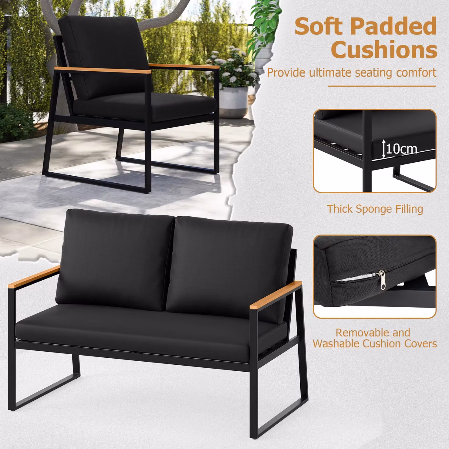Costway 4-Piece Black Garden Furniture Set with Powder Coated Steel Frame, 2-Seater Sofa, Armchairs and Coffee Table – 9