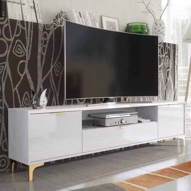 Creative Furniture Goldline Glossy White and Gold Modern TV Unit W: 200 cm, H: 50 cm, D: 35 cm – 1