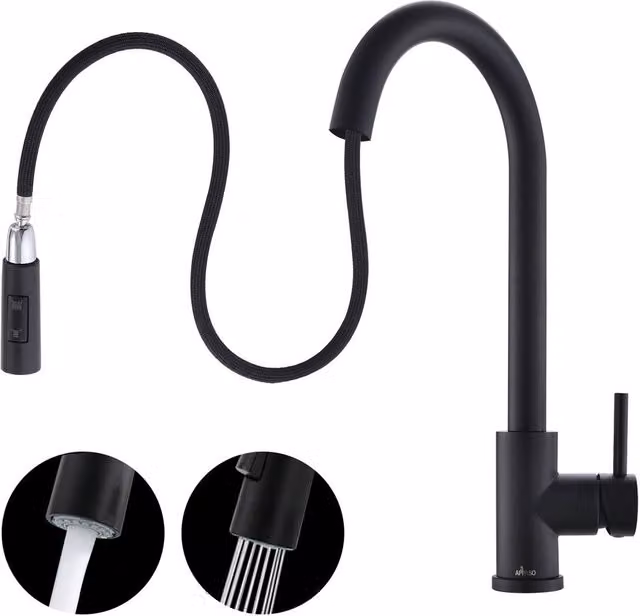 Appaso Matt Black Stainless Steel Kitchen Sink Mixer Tap with High Pressure Single Lever and Pull Out Sprayer – 1