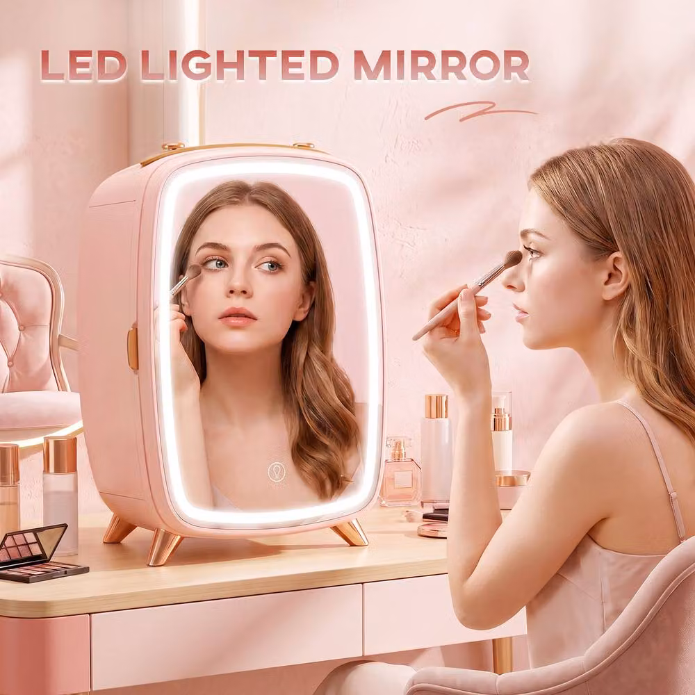 HOMCOM Skincare Refrigerator with LED Mirror in Pink – 2