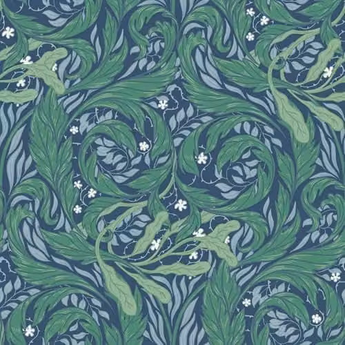 Muriva Vale Leaf Arts and Crafts Botanical Wallpaper in Green and Blue