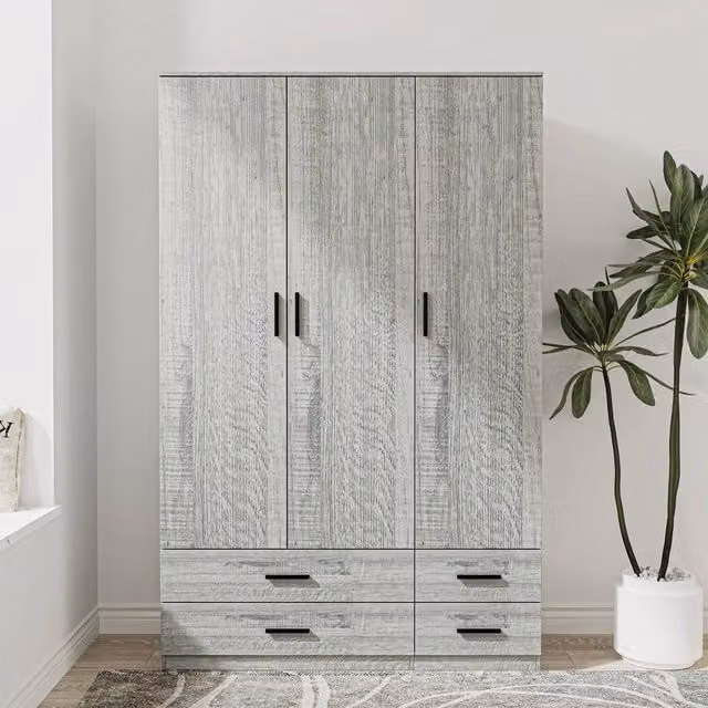 FORGEVIO Modern 3 Door 4 Drawer Wardrobe in Grey Matt Wood Finish – 1