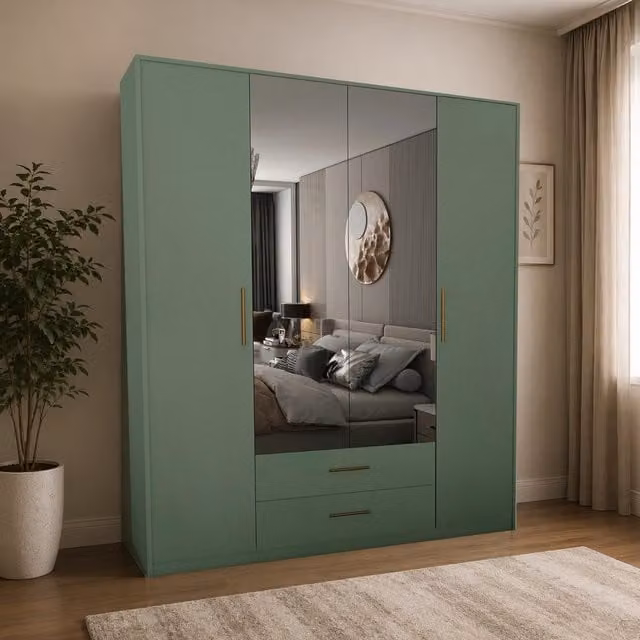 Swindon Dark Green 4 Door Wardrobe with Mirror and 2 Integrated Drawers, Width: 180 cm
