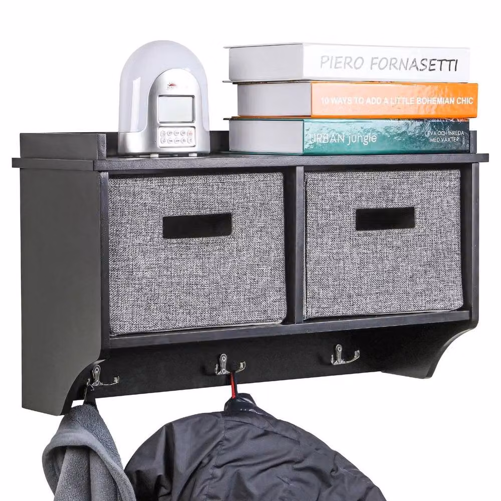 NESTLUNE Wall Mounted Entryway Coat Rack with 3 Hooks and Shelf in Matt Black – 3