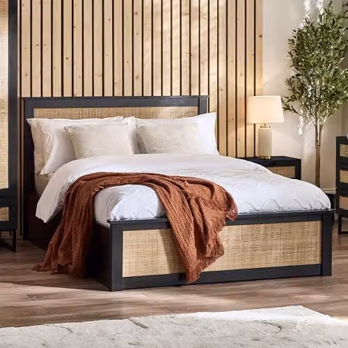 Julian Bowen Padstow Black Rattan and Wood Ottoman Double Bed Frame with Lift Up Base