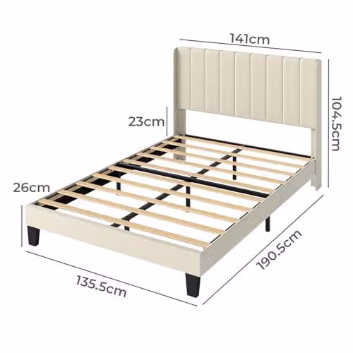 Levede Upholstered Double Bed Frame with Channel Tufted Wingback Headboard in Beige, W/D/H: 140 x 200 x 104 cm – 2