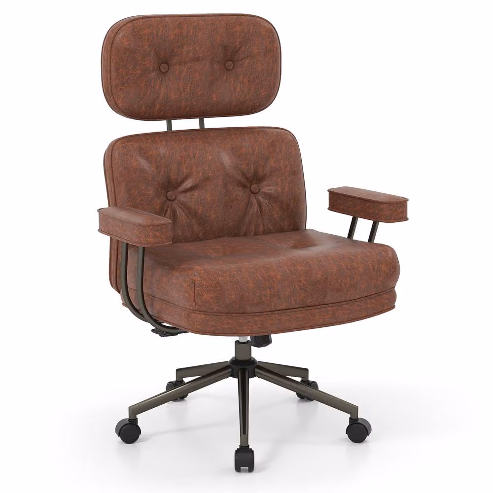 Gymax Brown Suede Fabric Home Office Task Chair with Headrest, Armrests and Swivel Castors – 10