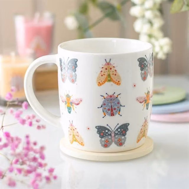 KDMK Floral Bug Print Ceramic Mug, White, 350 ml