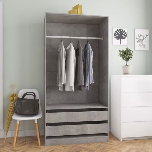 Berkfield Home Concrete Grey Wardrobe with Integrated Drawers and Hanging Rod, W/D/H: 100 x 50 x 200 cm