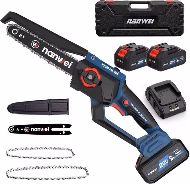NANWEI 8 Inch Cordless Mini Chainsaw in Blue and Multicolour with 2 Batteries and 2 Chains – 1