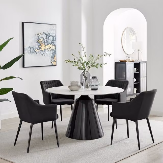 FurnitureboxUK Nina Round Dining Table with White Marble Ceramic Top and 4 Black Calla Chairs