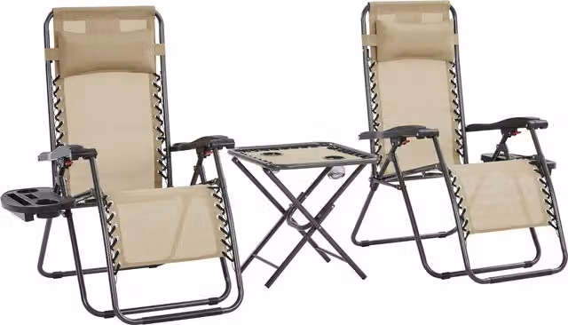 Yaheetech 3-Piece Zero Gravity Garden Chair and Table Set in Beige with Armrests and Cup Holders