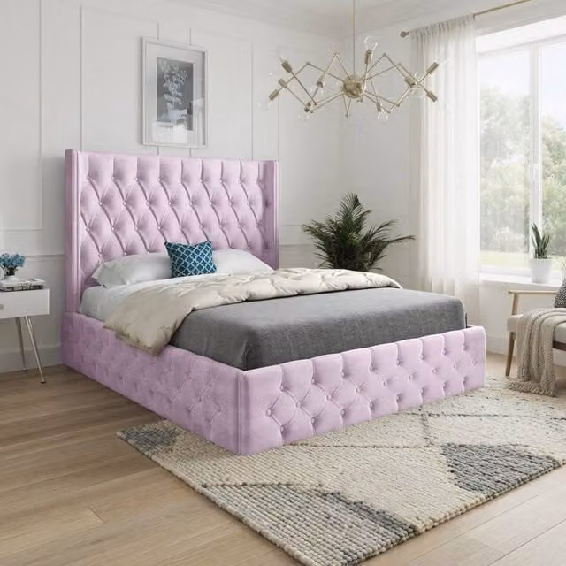 Casani Swineshead Upholstered Velvet Designer Bed Frame in Pink, W/D/H: 200 x 189 x 137 cm