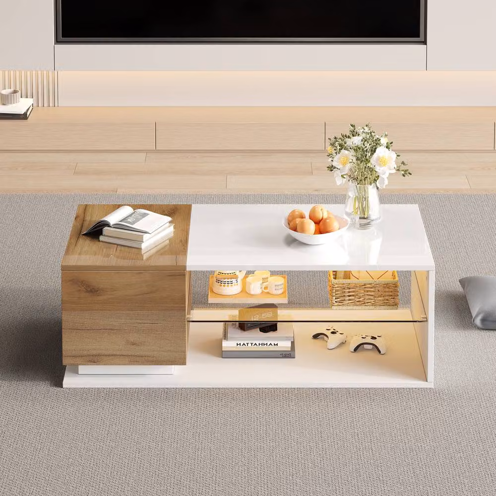 STILVORA Modern Coffee Table with LED Lighting and Glass Shelf in White and Natural Wood – 2