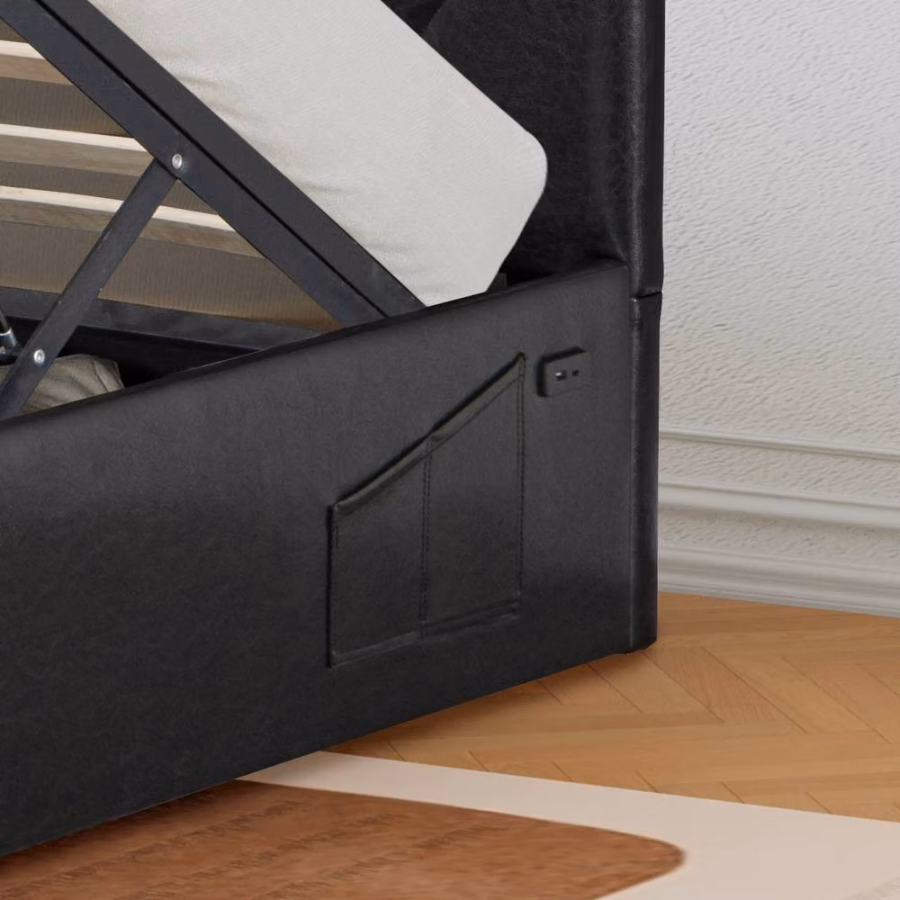 Modernique Black Faux Leather Ottoman Storage Bed with USB Charging Port, H 157.5 x W 180 cm, D 210 cm – 2