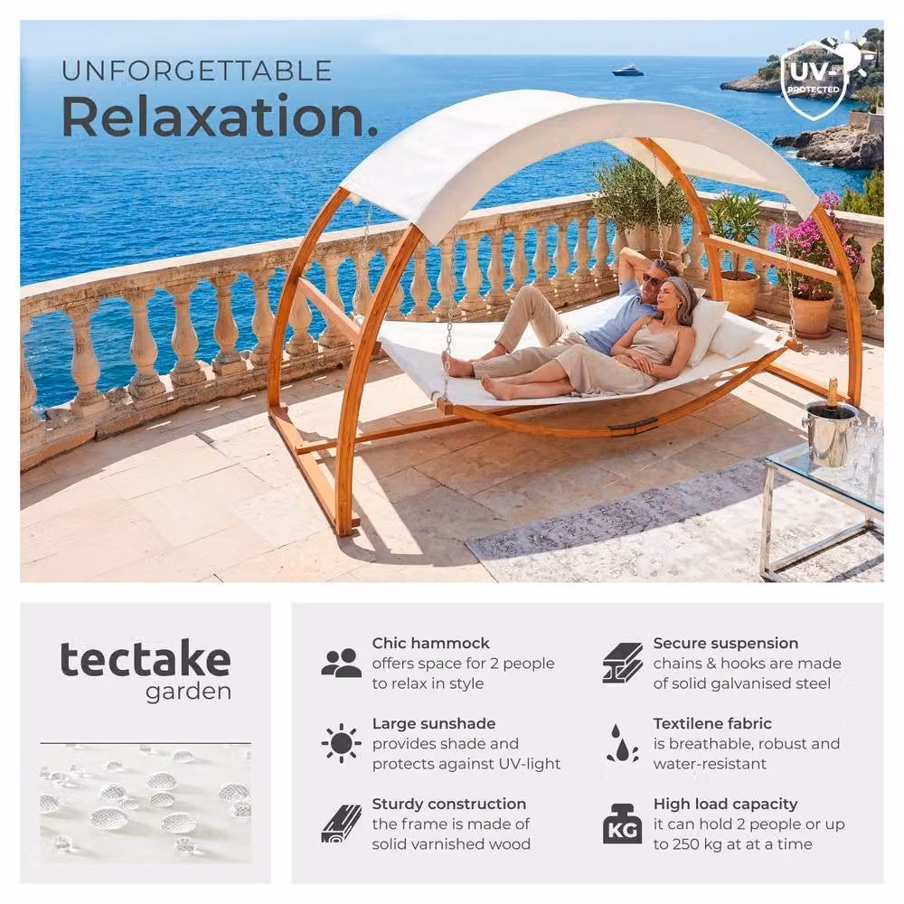 tectake Locarno 2 Seater Garden Hammock with Stand and Sun Canopy in Walnut and Brown – 2