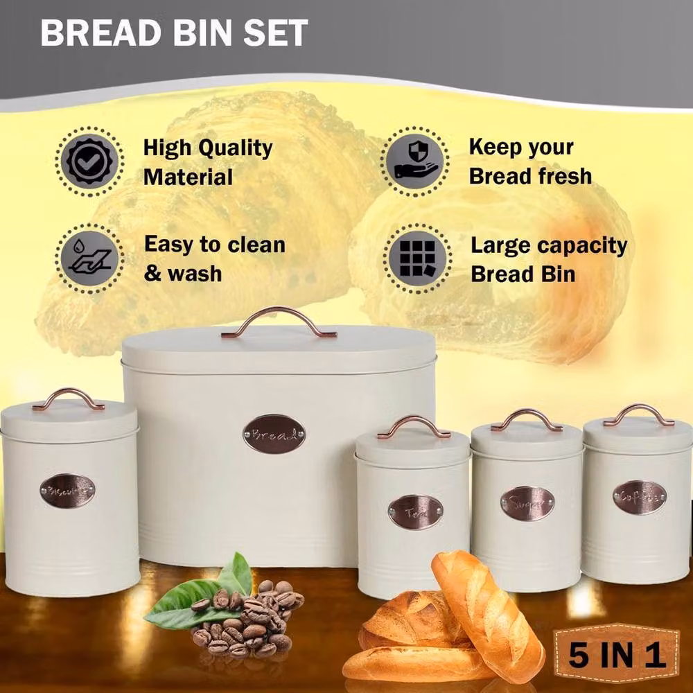 SPETLEK 5-Piece Airtight Metal Kitchen Bread Bin Storage Tin Set in Cream – 5