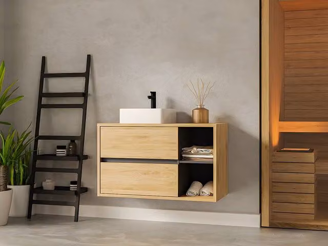 Vente-unique Suspended Single Basin Bathroom Furniture in Light Oak, W/D/H: 100 x 45.5 x 59.8 cm