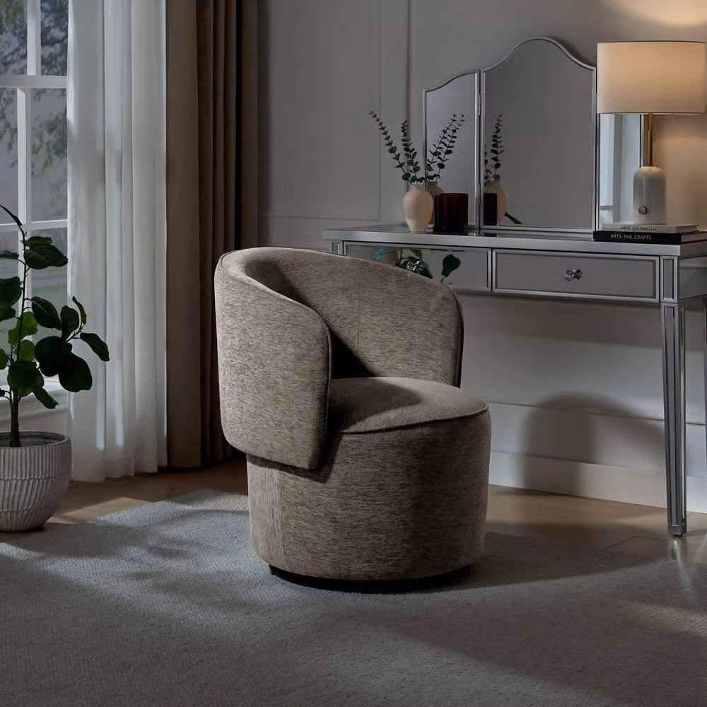 FurnitureboxUK Liode Beige Fabric Round Swivel Accent Chair – 3