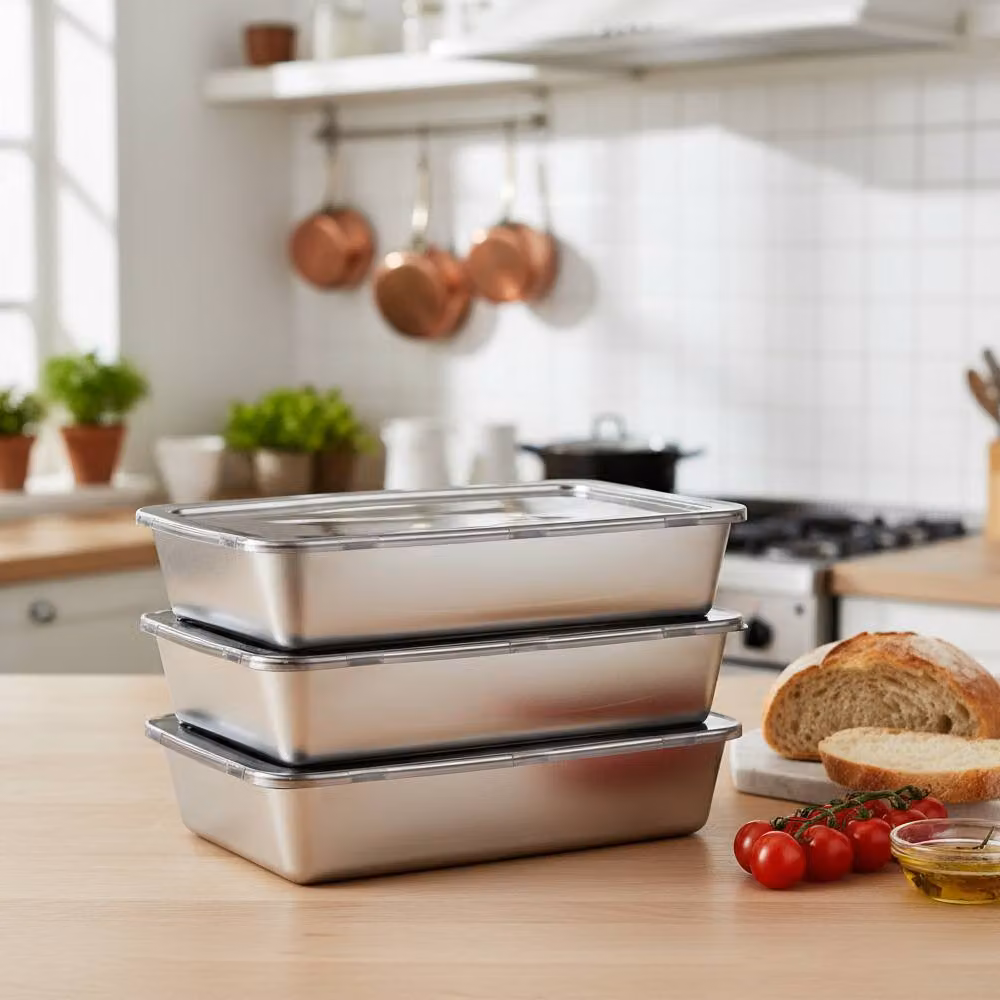 Living and Home 6-Piece Stackable Stainless Steel Rectangular Food Storage Container Set with PP Lids in Silver – 7