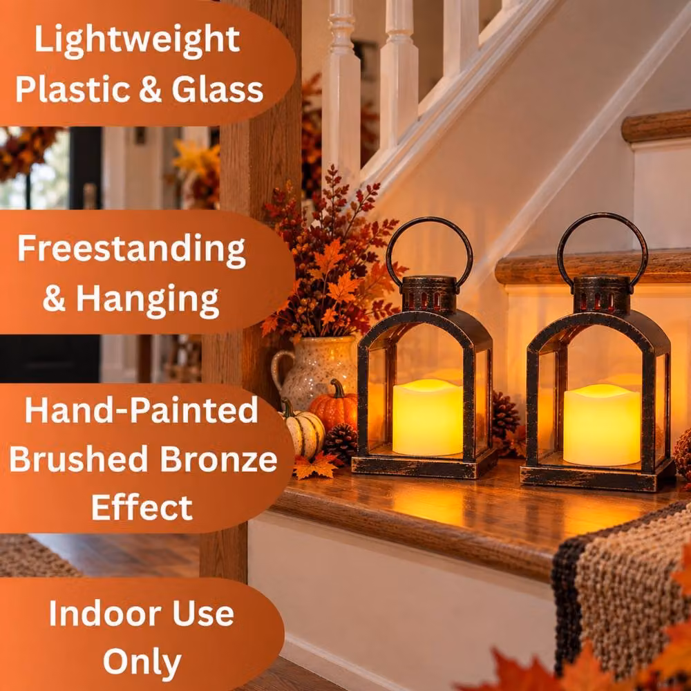 Marco Paul Set of 2 Hanging Table Lanterns and LED Pillar Candles in Bronze – 4
