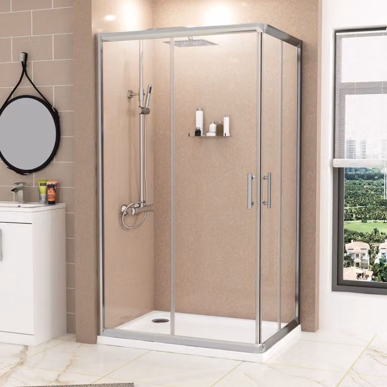 Royal Bathrooms Plaza Rectangular Corner Entry Shower Enclosure with Sliding Door, Transparent Glass and Silver Finish, W: 80 cm, D: 70 cm