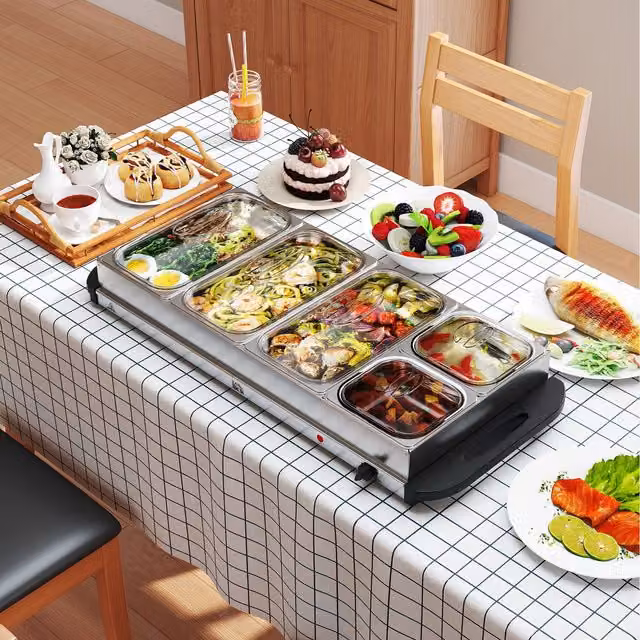 HOMCOM Electric 5 Tray Buffet Server Food Warmer with Lids, 9.2L, Silver Tone