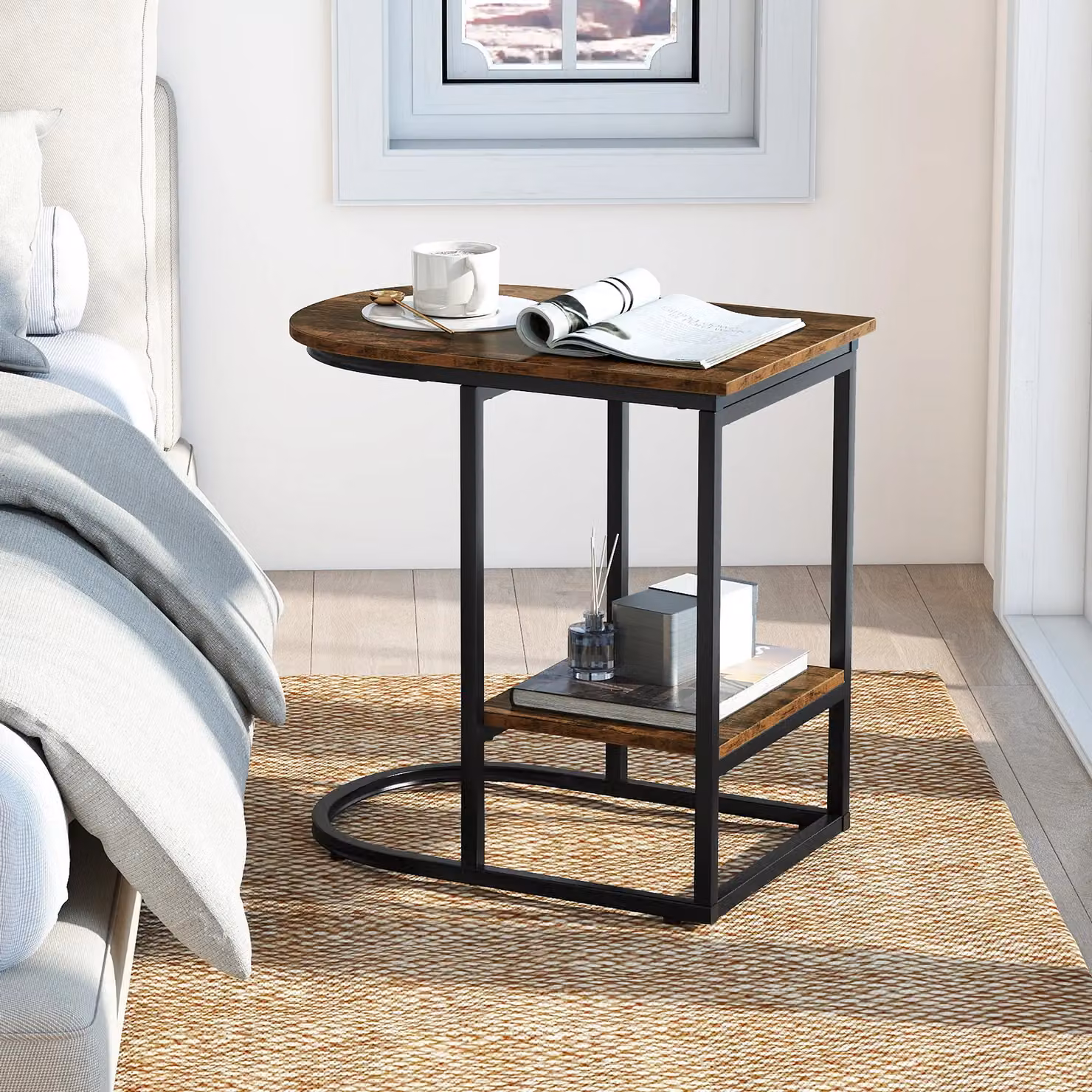 Gymax Modern C-shaped End Table with Storage Shelf in Brown – 6