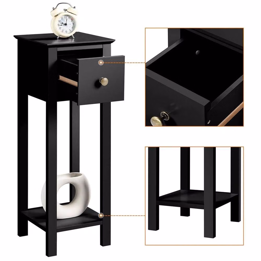 FORGEVIO Black Slim Bedside Table Set of 2, Minimalist Narrow Wooden Nightstands – 4