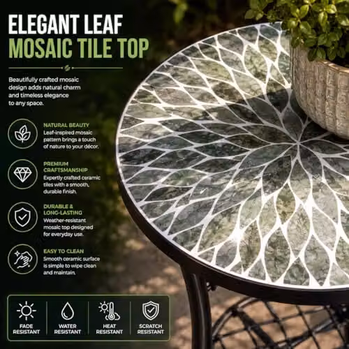 SHATCHI Multicolour Mosaic Round Side Table and Plant Stand with Ceramic Tile Top and Metal Shelf, Diameter: 35 cm – 4