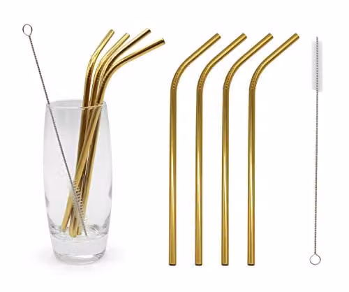 Glim&Glam Reusable Stainless Steel Straws 12 Piece Set, Gold