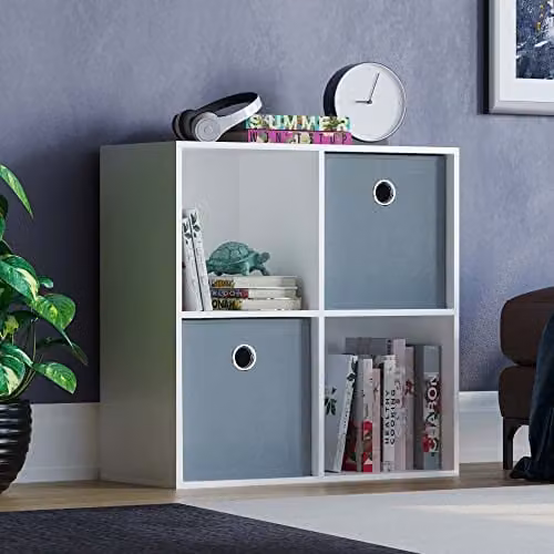 Vida Designs Durham 4 Cube Bookcase Storage Organiser with 2 Grey Baskets, White