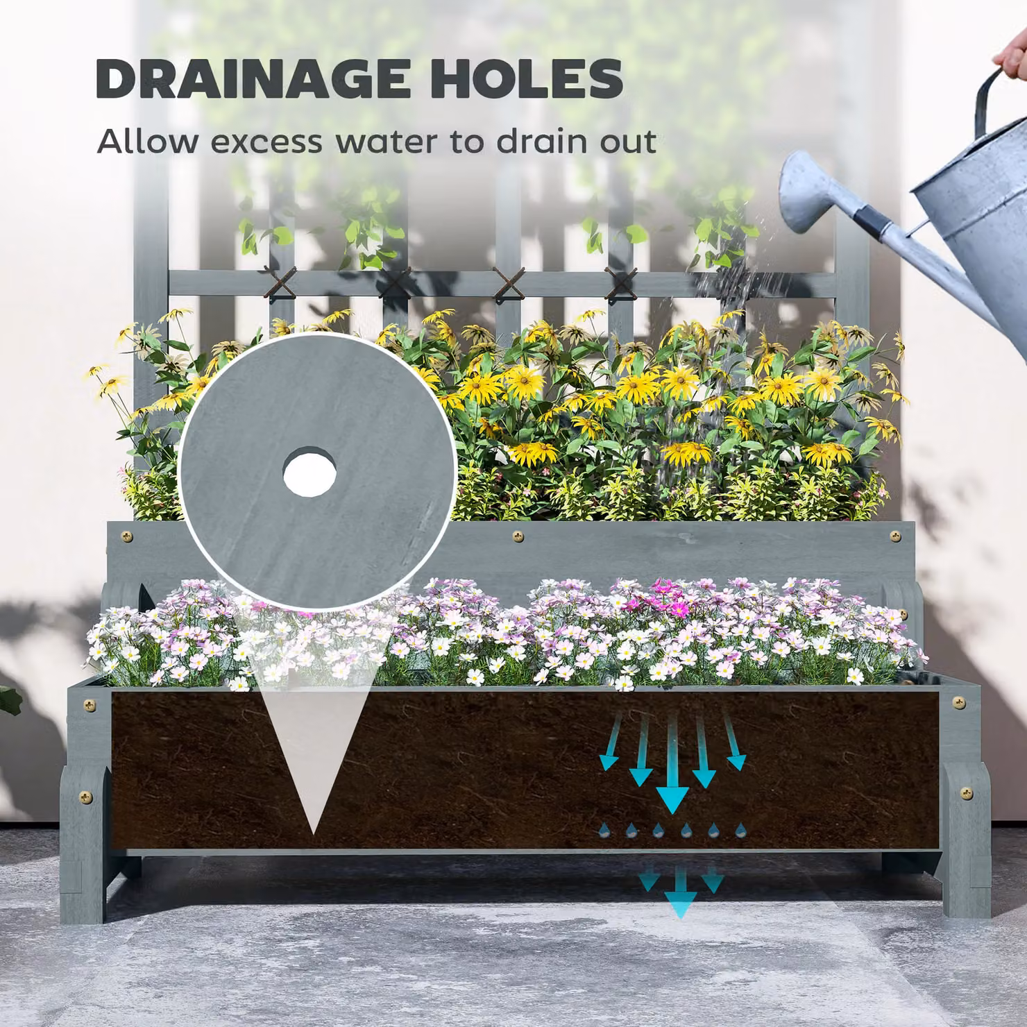 OUTSUNNY 2-Tier Grey Wooden Raised Bed with Trellis and Drainage Holes, W/D/H: 121 x 66 x 88 cm – 3