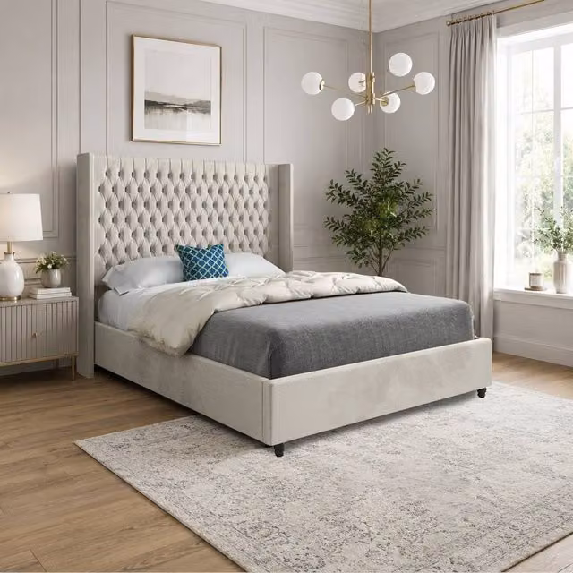 Casani Tickhill Upholstered Designer Bed Frame in Beige Velvet, W/D/H: 200 x 137 x 189 cm – 1