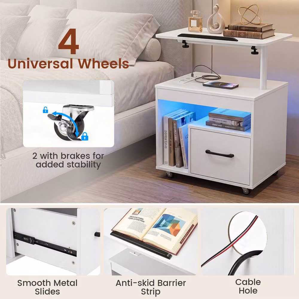 Costway Modern White Nightstand with LED Lights, Charging Station and Drawer – 2
