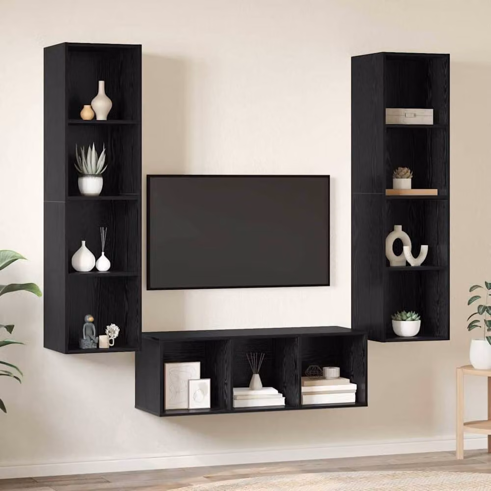 Berkfield Home Modern 3-Piece Wall-Mounted TV Cabinet Set with Shelving in Matt Black – 4
