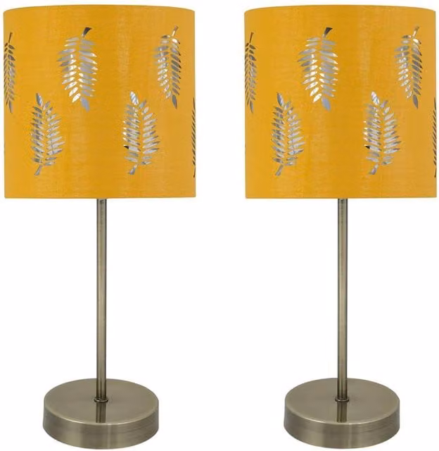 First Choice Lighting Set of 2 Antique Brass Stick Table Lamps with Ochre Fabric Shades