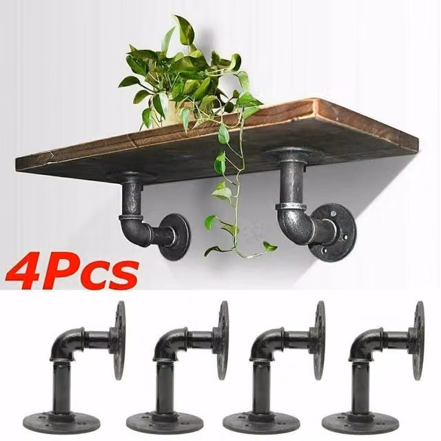 SPETLEK 4-Piece Industrial Iron Pipe Shelf Brackets in Black, W: 52 cm