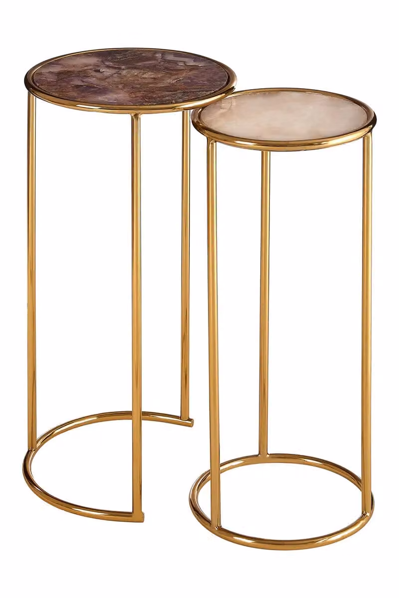 Orsina Set of 2 Nesting Side Tables with Natural Amethyst Stone Tops and Gold Frame Finish – 1