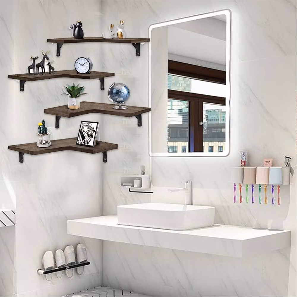 Kelvenix 4 Piece Wooden Wall Mounted Corner Display Shelves in Brown – 3