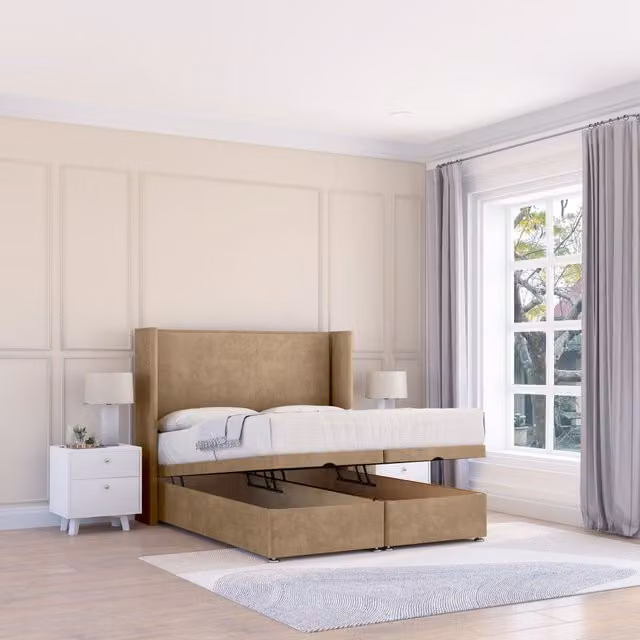 Sloomy Devonshire Naples Fabric Ottoman Bed with Sprung Memory Mattress and 54 Inch Winged Headboard, Beige/Brown, W/D/H: 120 x 200 cm