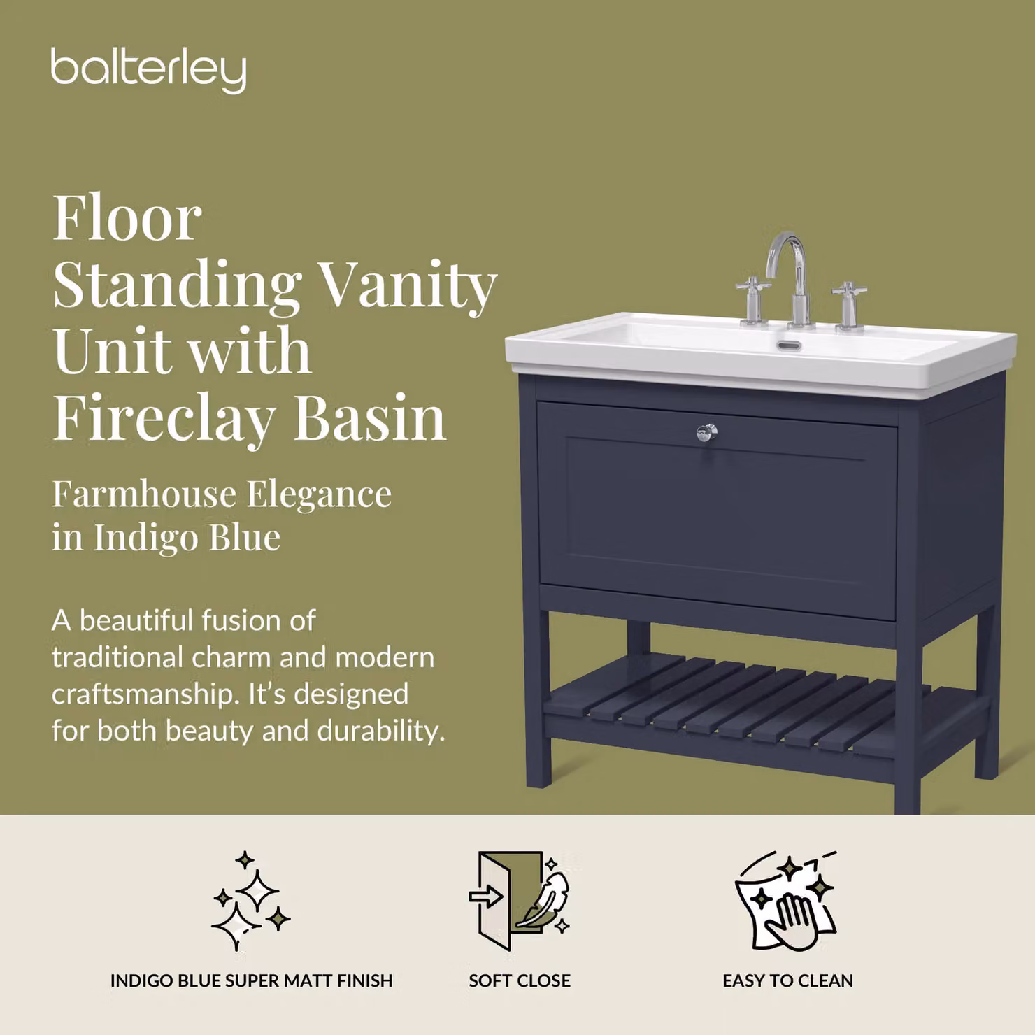 Balterley Blue Freestanding Bathroom Floor Vanity with 1 Drawer and 3 Tap Hole Fireclay Basin, W: 80 cm – 2