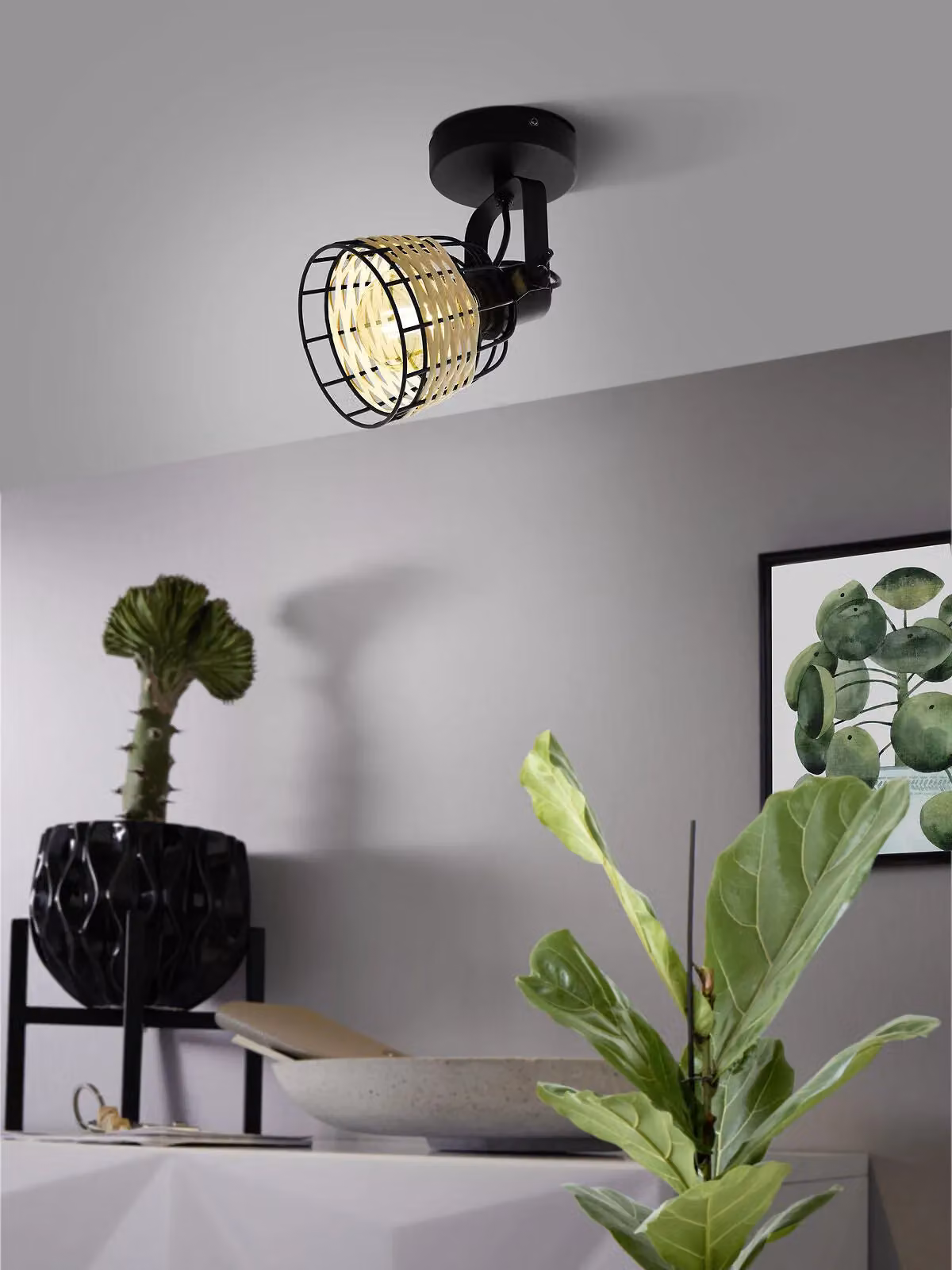 Loops 2 Pack Black and Wicker Adjustable Wall and Ceiling Spotlight with E27 Socket – 3