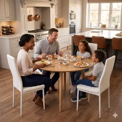 Kosy Koala Modern Round Oak Wood Dining Table and 4 White Faux Leather Chairs Set, W/D/H: 90 x 90 x 75 cm – 2
