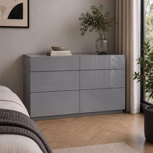 Birlea Liberty 6 Drawer Wide Chest of Drawers in Grey Glossy Glass
