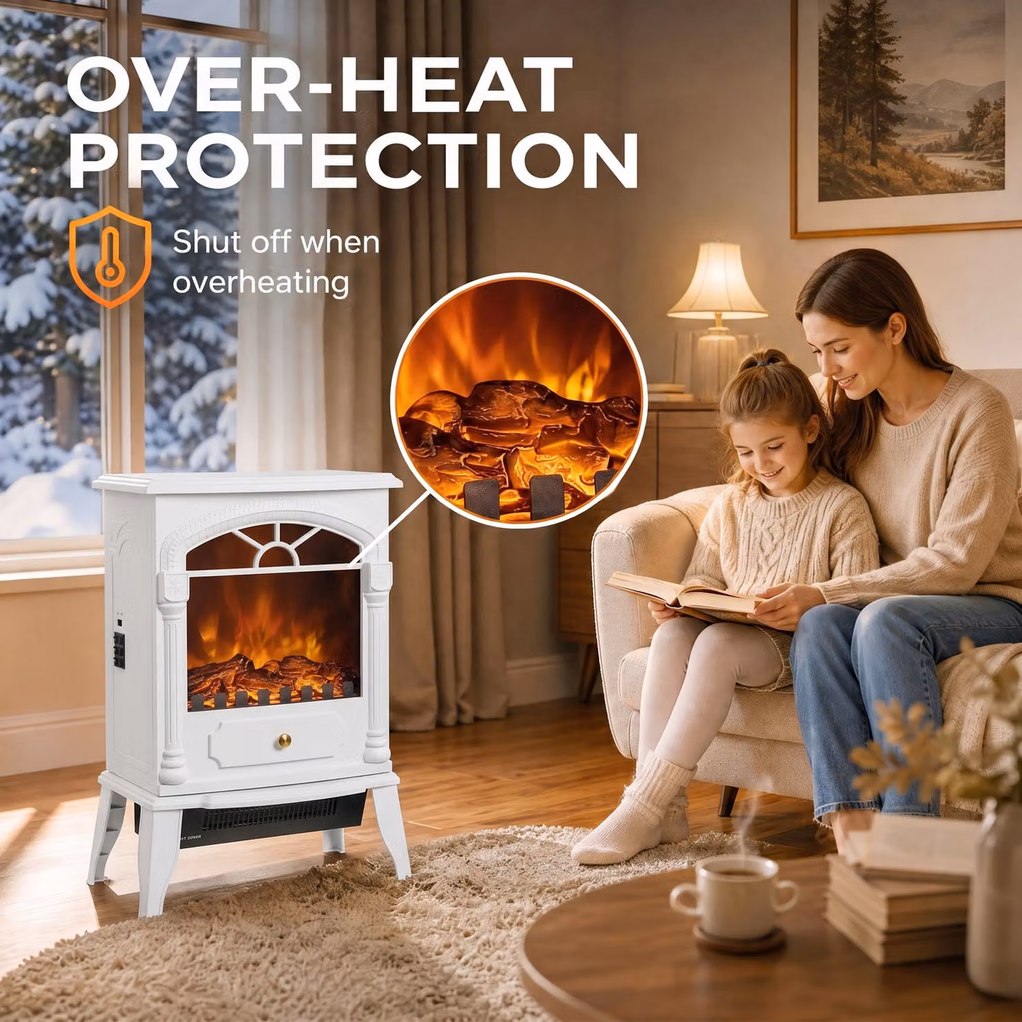 HOMCOM Freestanding Portable Electric Fireplace Stove Heater with 3D Flame Effect and Adjustable Thermostat, White – 6
